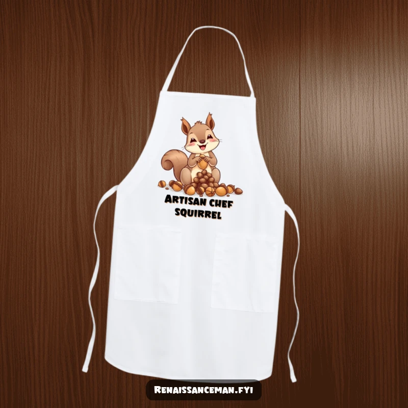 Funny squirrel apron, wearing an apron, busy sculpting tiny acorn art, artist at work in a kitchen or studio setting, protective and fun.