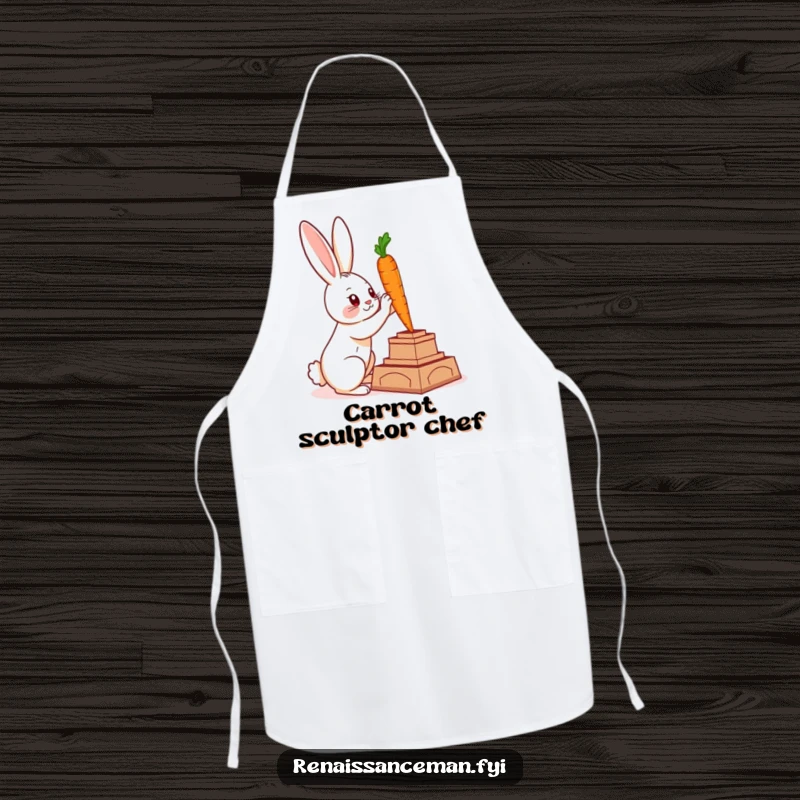 Funny apron with a clever rabbit sculpting a carrot statue, perfect for humorous art sessions and crafting.