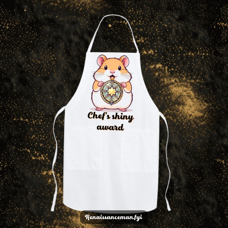 Funny hamster proudly presenting a gleaming locket, a charming apron for culinary creations that adds a touch of sentimental pride.