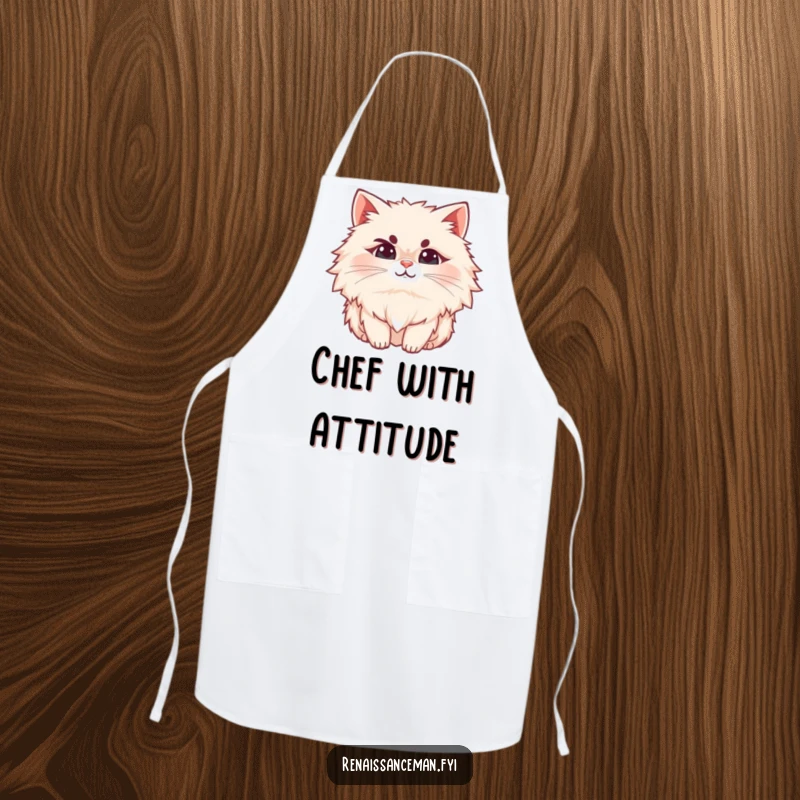 Funny cat apron, a fluffy cat with a raised eyebrow and a subtle smirk, perfect for sassy kitchen duties.