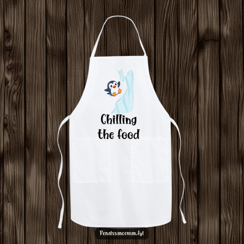 Funny Adventurous Penguin Sliding Down a Steep Icy Wall, Humorous Chef Apron for Cooking.