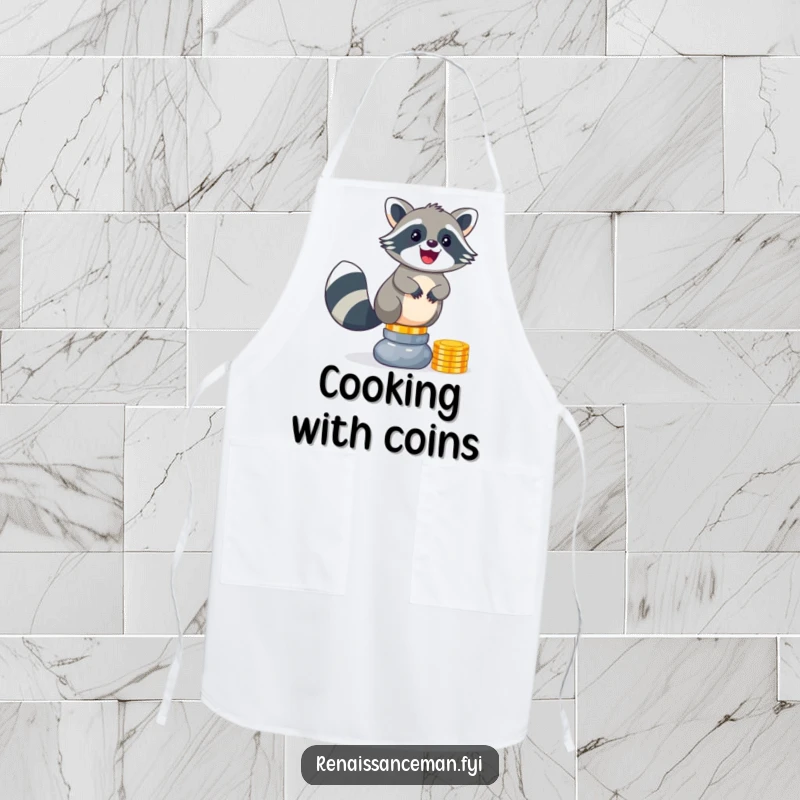Funny raccoon apron. A delighted raccoon expertly balances a towering stack of shiny coins while guarding the kitchen.