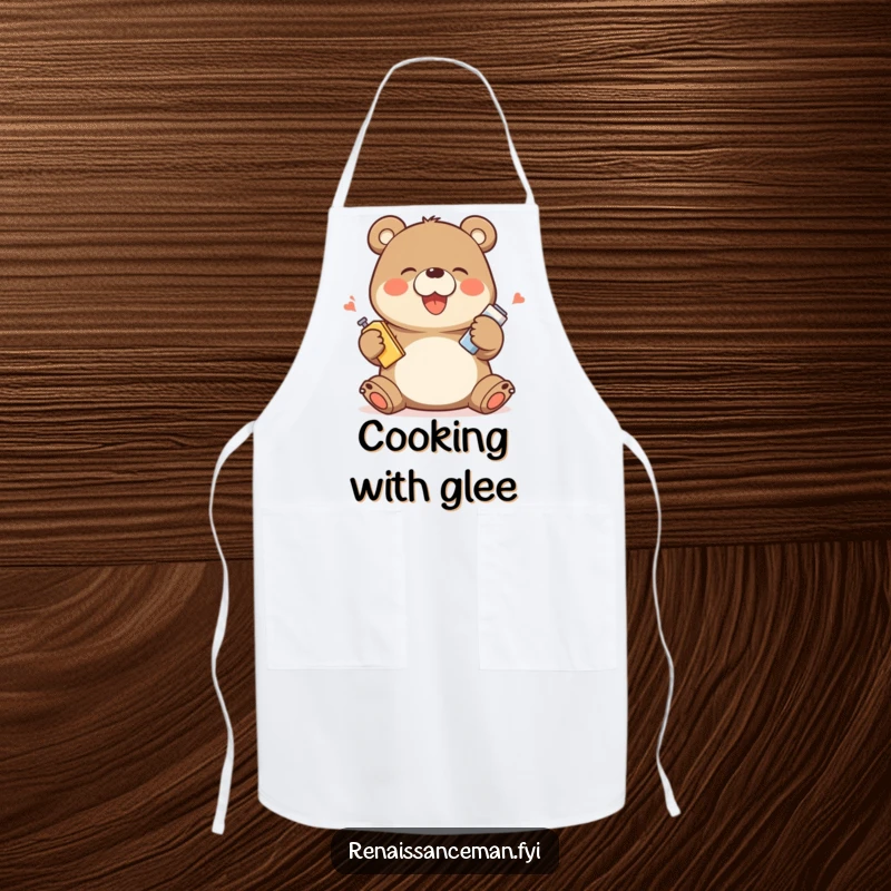 Funny apron with a giggling bear character demonstrating a product with exaggerated happy movements, perfect for kitchen fun.