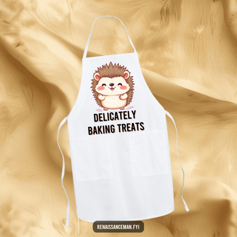 Funny hedgehog photo apron, practical wear featuring a joyful hedgehog carefully placing a photo, ideal for keeping clean during creative work and as a funny gift.