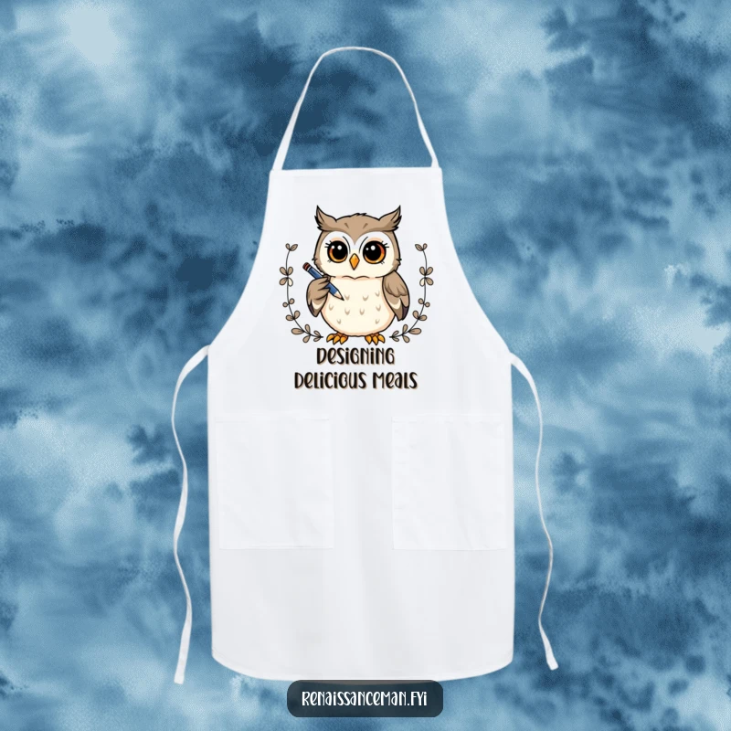 Funny apron: A curious owl holds a pen, drawing a decorative border, perfect for artistic kitchen or craft work.