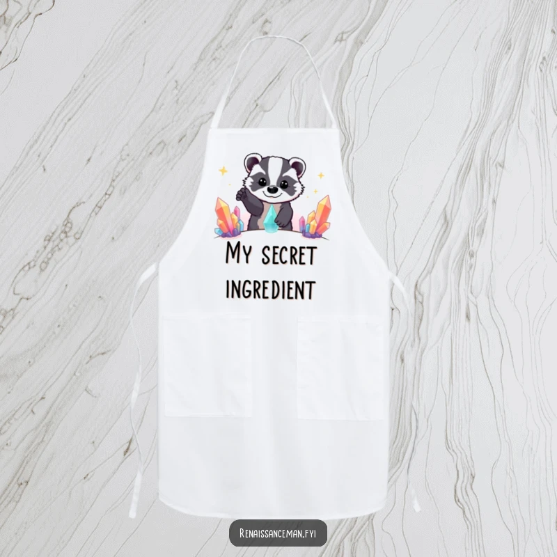 Funny Beaming Badger Reaching for Distant Colorful Crystal Formation, Humorous Chef Apron for the Kitchen.