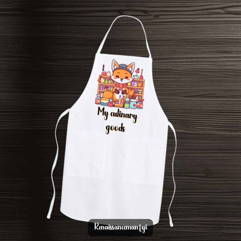 Funny fox apron. A proud fox stands confidently behind a large display of items, ready for culinary duty.
