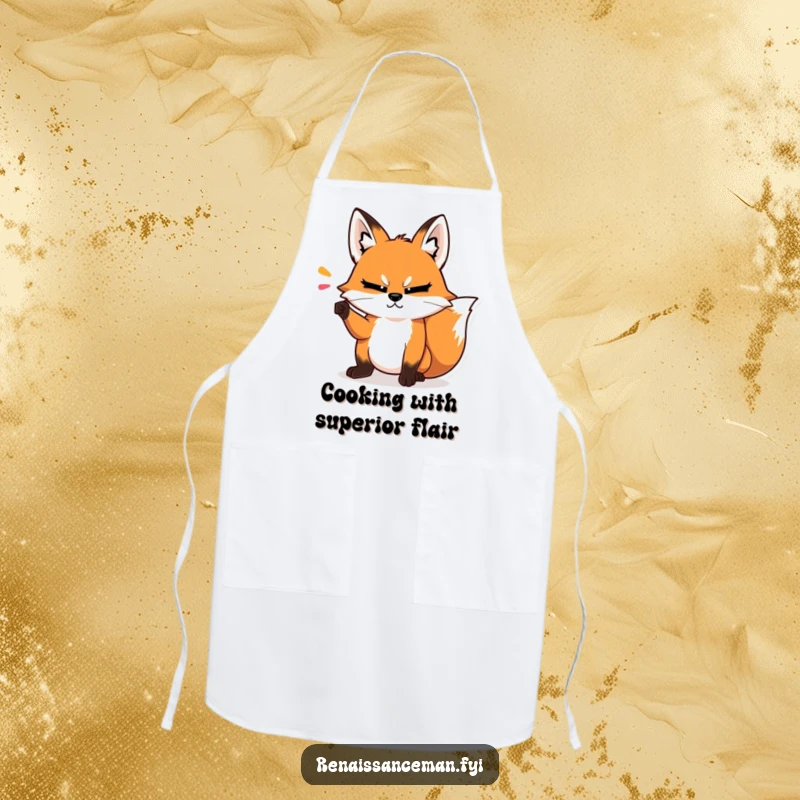 Funny apron with a smug fox making a dramatic point with a condescending head tilt, perfect for a humorous and intelligent cooking experience.