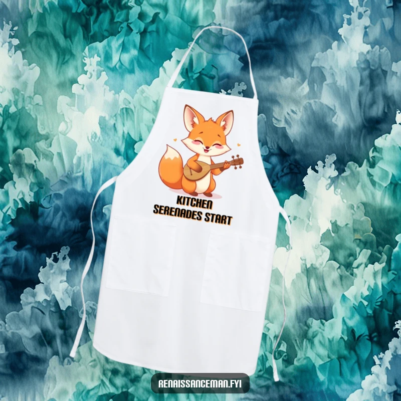 Funny apron with a cheerful fox playing a tiny lute, perfect for humorous kitchen performances and cooking.