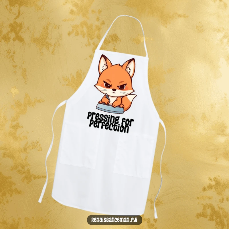 Funny apron featuring a determined fox with a focused expression, using an iron to press a seam on fabric.