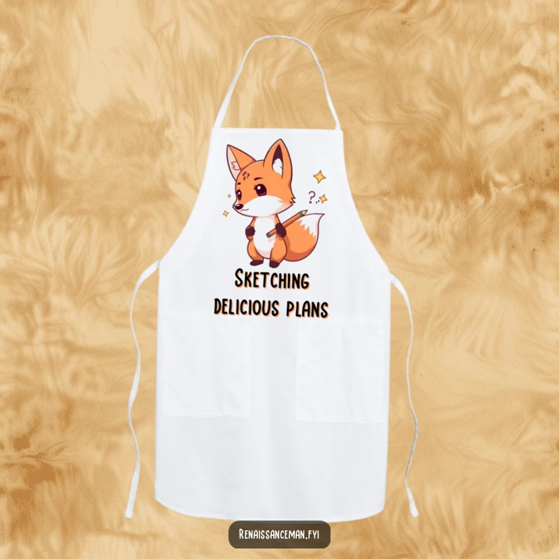 Funny fox sketch apron, functional wear featuring a determined fox sketching an idea, ideal for keeping clean during creative work and as a funny gift.