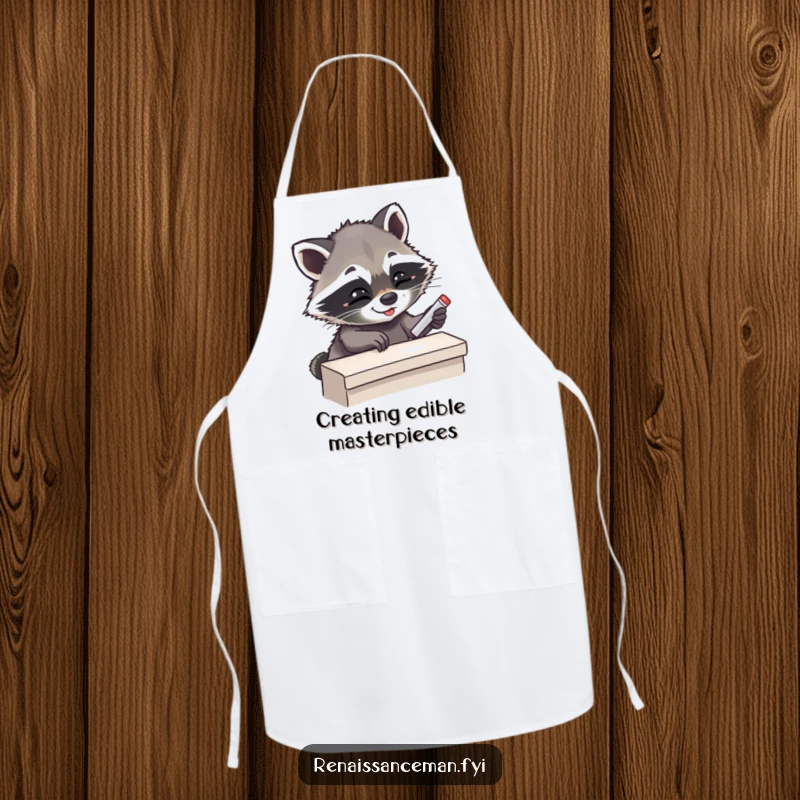 Funny Giggling Raccoon Placing Chalk on Ledge, Kitchen Apron for Chefs, Humorous Cooking Accessory.