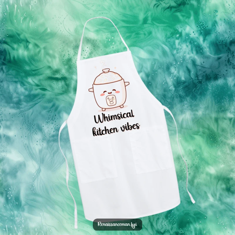 Funny apron with a giggling rice cooker and playfully swirling steam, designed for chefs who love to laugh while cooking.