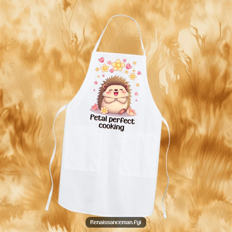 Funny hedgehog embracing under glowing petals, a charming apron for kitchen adventures that brings a touch of joyful nature.