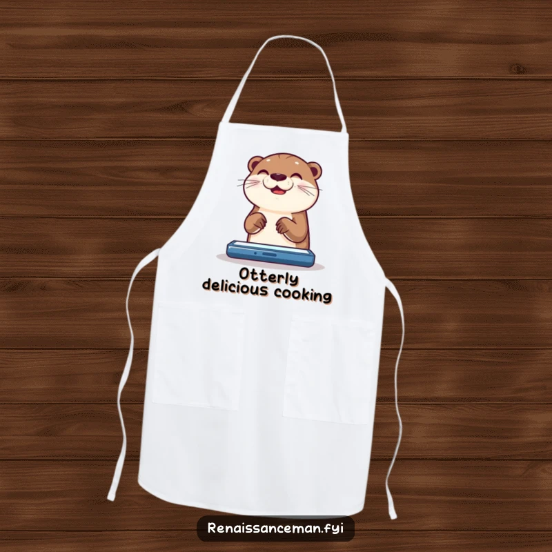 Funny otter apron featuring a happy otter scrolling on a bright screen, perfect for kitchen fun.
