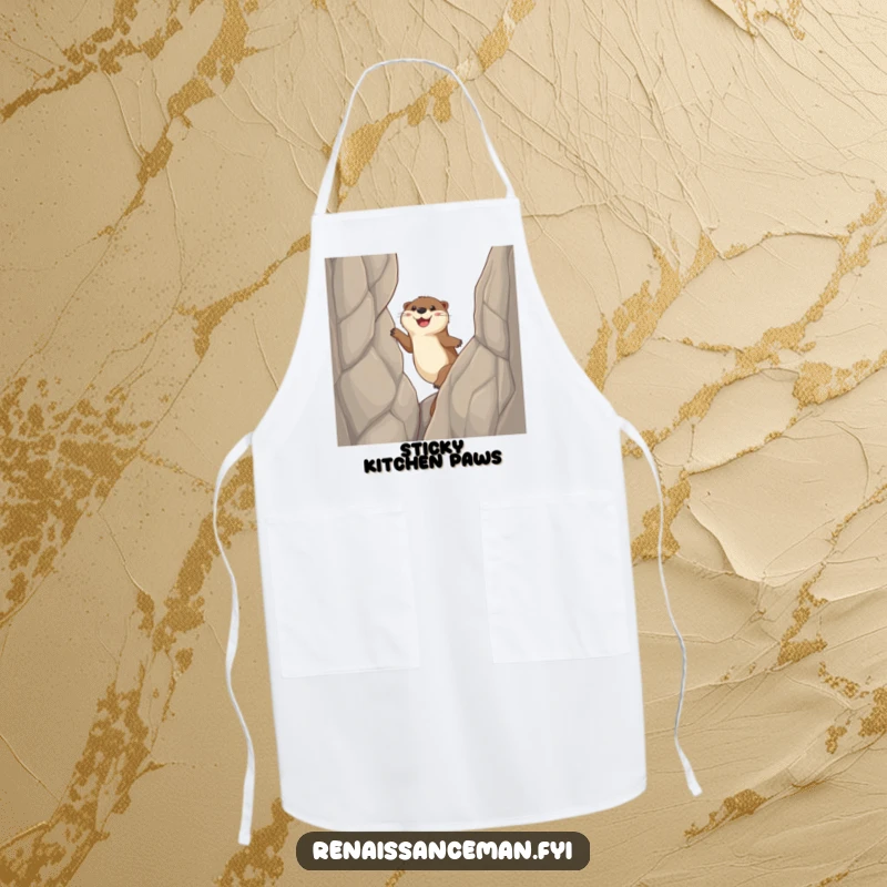 Funny otter apron, a happy otter character scales a sheer cliff face with sticky paws, bringing humor to the kitchen.
