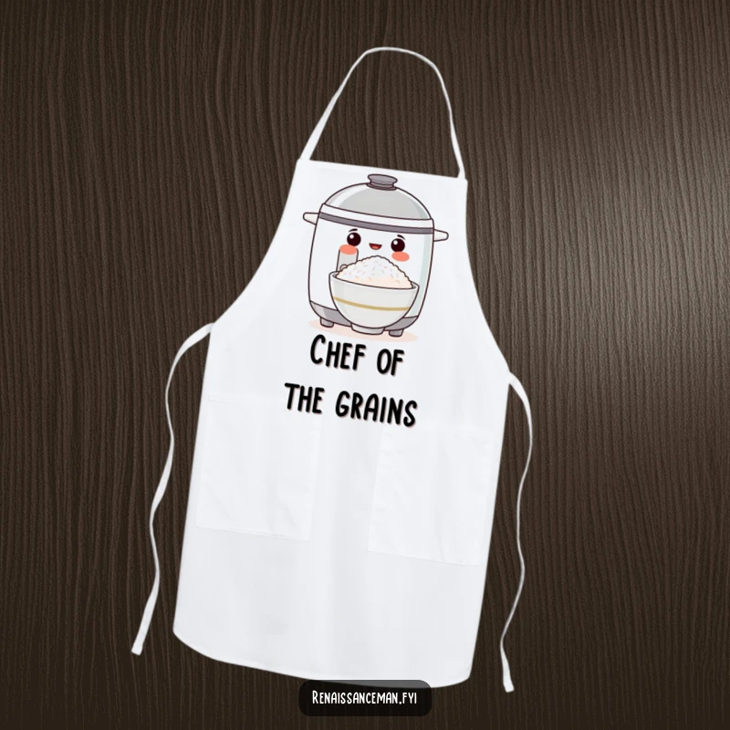 Funny apron with a proud rice cooker displaying a perfect bowl of rice, designed for chefs who love humor and clean clothes.