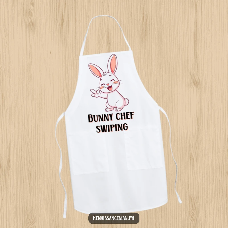 Funny rabbit apron featuring a cheerful rabbit grinning and swiping left, perfect for kitchen fun.