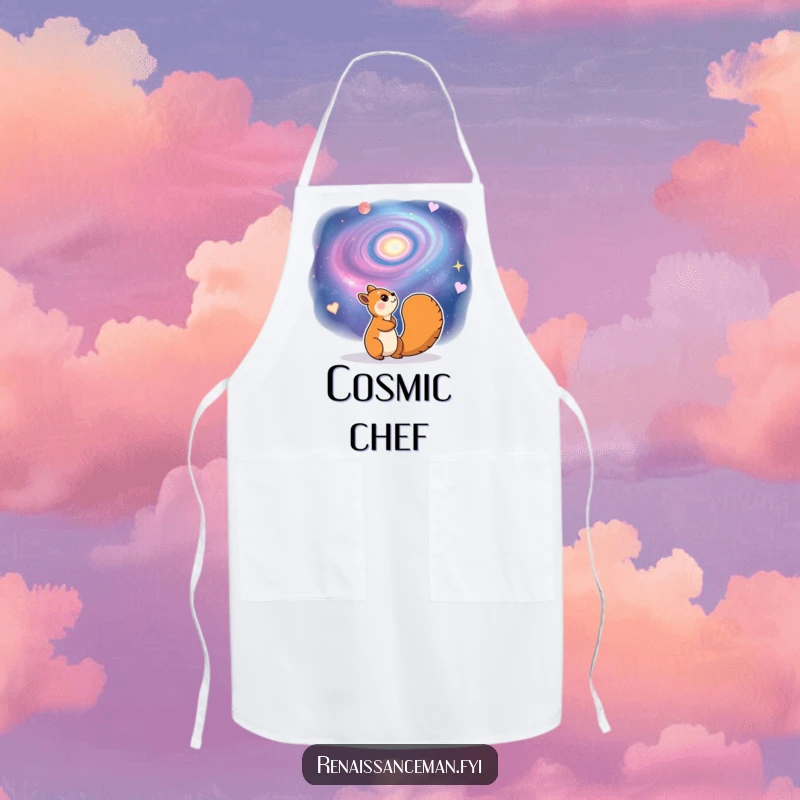 Funny apron with a cheerful squirrel character gazing dreamily at a swirling galaxy. Kitchen creativity for cooks.