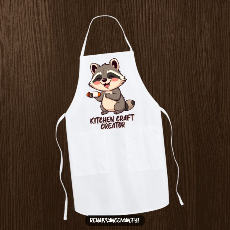 Funny apron: A giggling raccoon with a wide smile adorably uses a glue stick, ready for crafting fun.