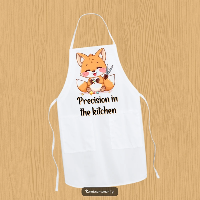 Funny apron: A delighted fox carefully cuts a shiny embellishment, ready for kitchen or craft room fun.