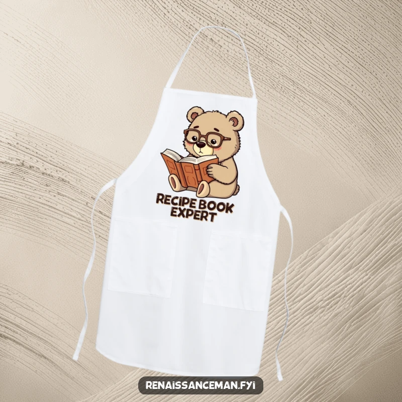Funny scholarly bear wearing spectacles, reading a large ancient book, while sporting a comical chef apron.