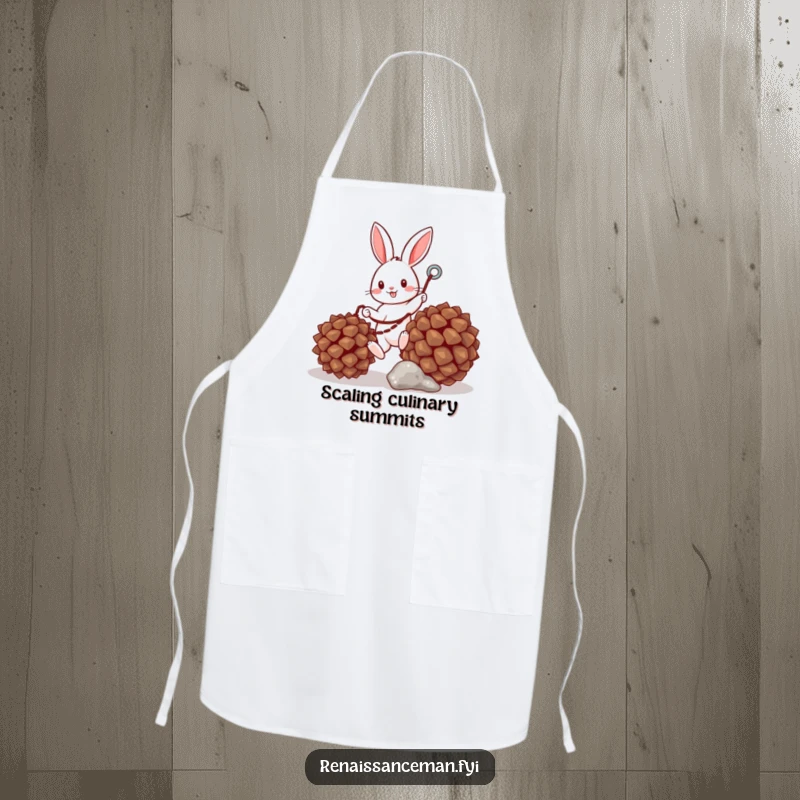 Funny apron featuring a cheerful bunny with a grappling hook ascending a pinecone, perfect for humorous culinary endeavors.