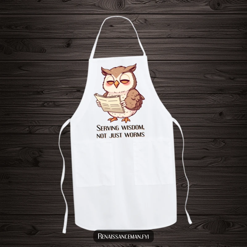 Funny apron with a giggling owl reciting poetry with expressive wings, ideal for adding humor to kitchen activities.