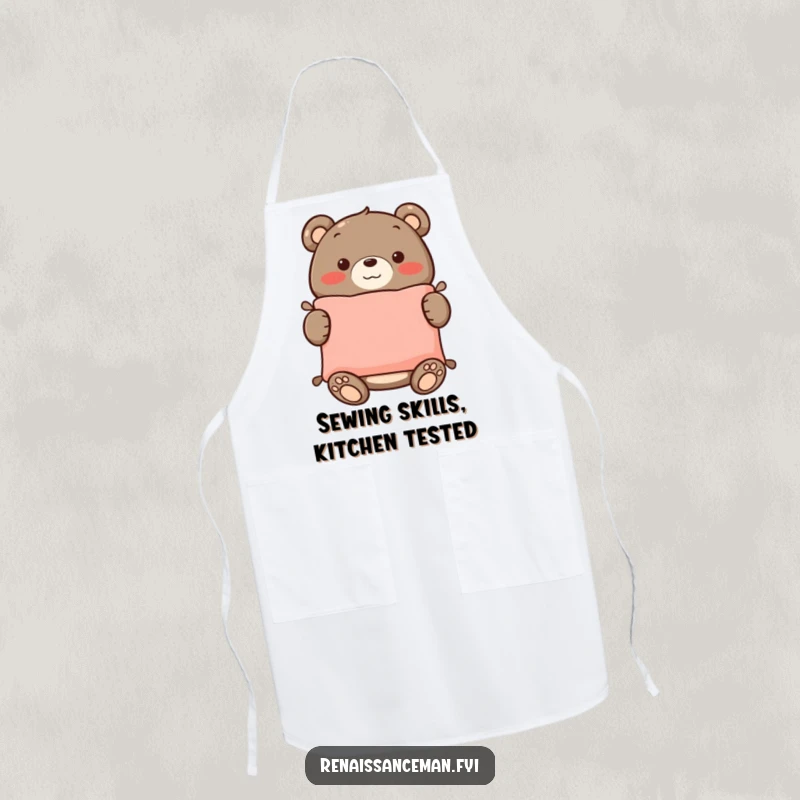 Funny apron featuring a proud bear holding a perfectly sewn cushion, designed for crafters to stay clean and cheerful.