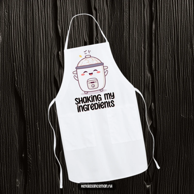 Funny apron with a joyful rice cooker doing a little shimmy and emitting a satisfied aroma, designed for chefs who cook with happiness.