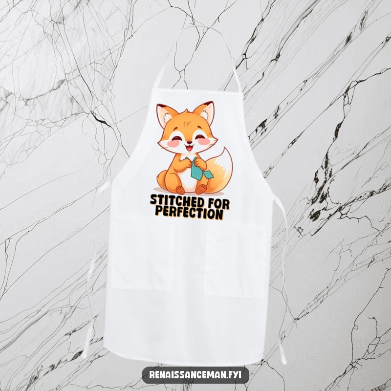 Funny apron with a giggling fox focused on stitching a patch, ideal for keeping clothes clean with a humorous crafting twist.