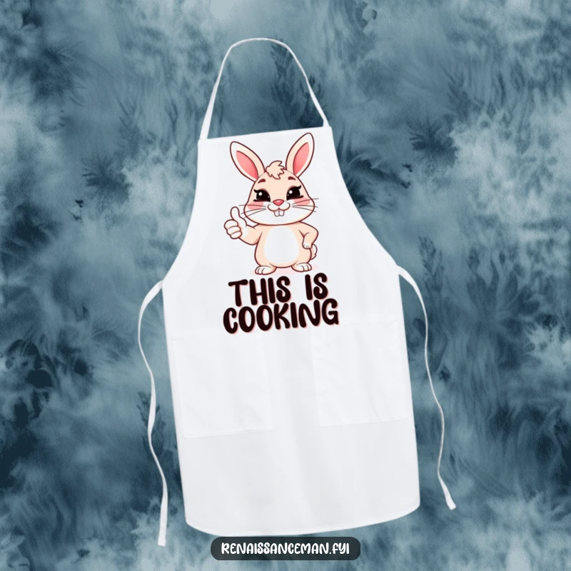 Funny apron with a cheerful bunny giving a sarcastic thumbs up and a forced grin, perfect for kitchen humor.