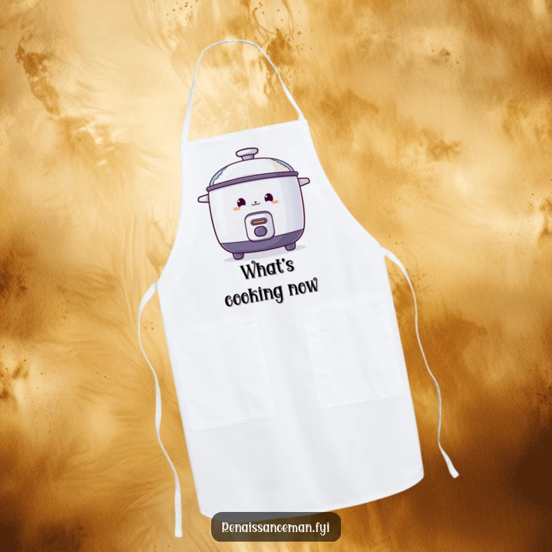 Funny apron with a curious rice cooker peeking from behind a steaming lid, perfect for chefs who enjoy a bit of mystery.