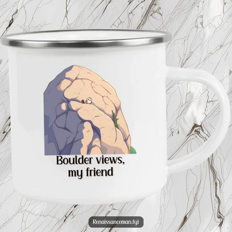 Funny camping mug featuring a curious bird peeking over a colossal boulder, perfect for outdoor trips and humorous moments.