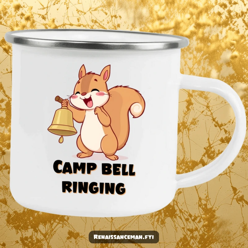Funny camping mug featuring a playful squirrel enthusiastically ringing a large bell with delight during outdoor adventures.