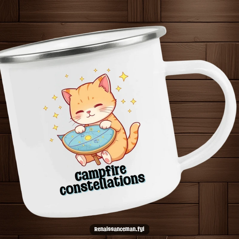 Funny cat camping mug, studying a celestial map with stars, rugged and portable, perfect for outdoor enthusiasts who love cats and space.