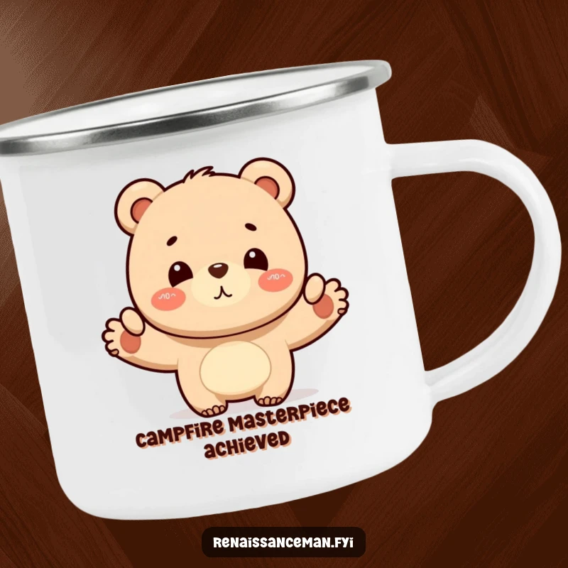 Funny bear layout camping mug, rugged enamelware featuring a proud bear’s satisfied nod over a completed layout, ideal for outdoor enthusiasts and as a humorous gift.
