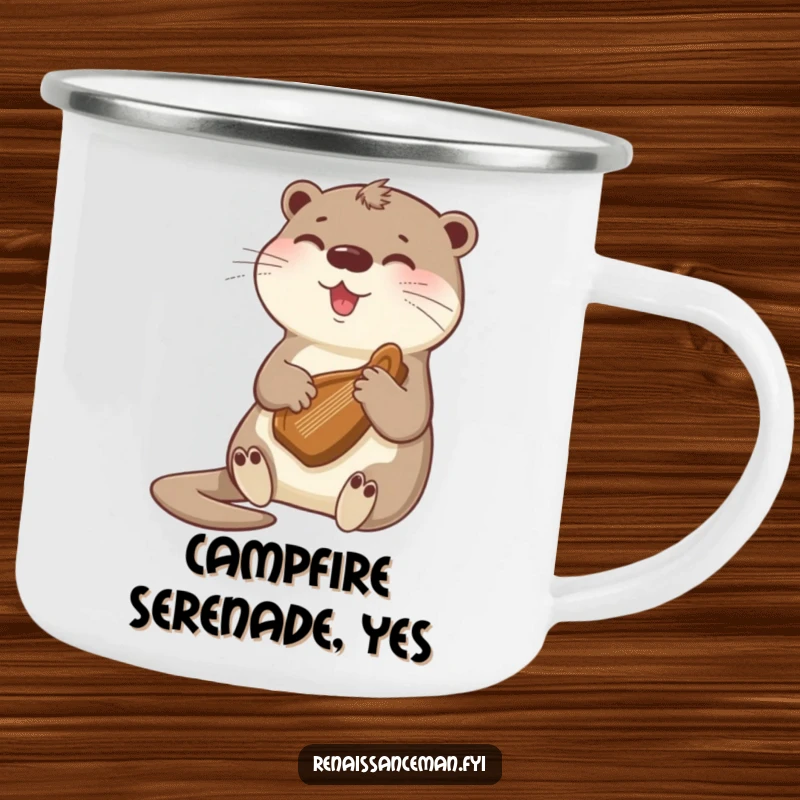 Funny otter playing a gentle tune on a tiny harp, a camping mug perfect for enjoying beverages during outdoor musical moments.