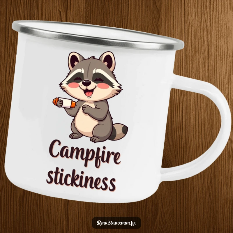 Funny camping mug: A giggling raccoon uses a glue stick, perfect for outdoor crafting and warm drinks.