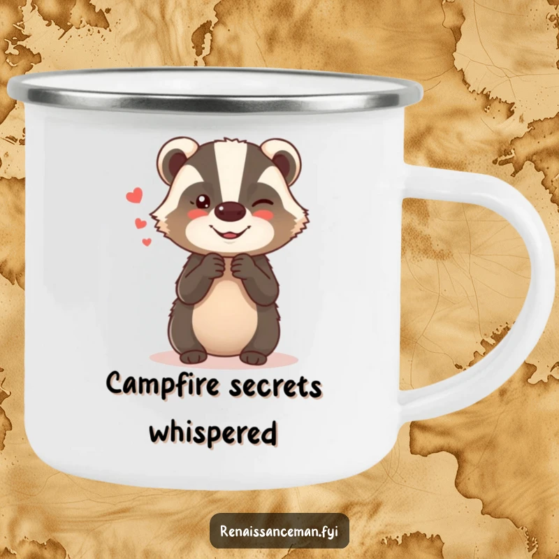 Funny camping mug with a giggling badger whispering secrets, perfect for outdoor beverages with a humorous and mischievous vibe.