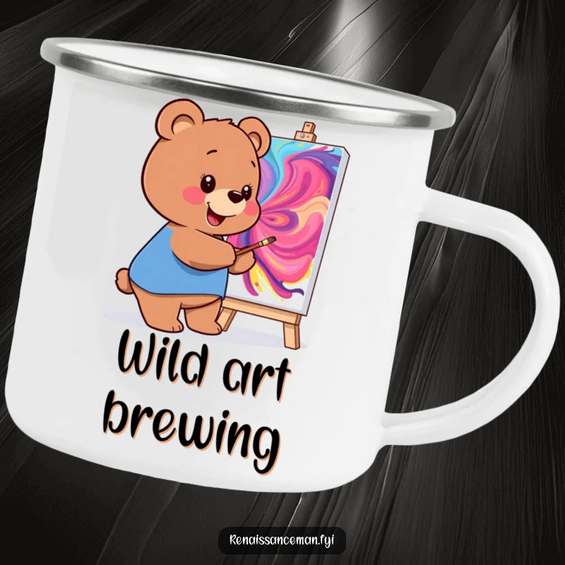 Funny camping mug featuring a smiling bear artist painting a vibrant masterpiece, perfect for outdoor creative sessions.