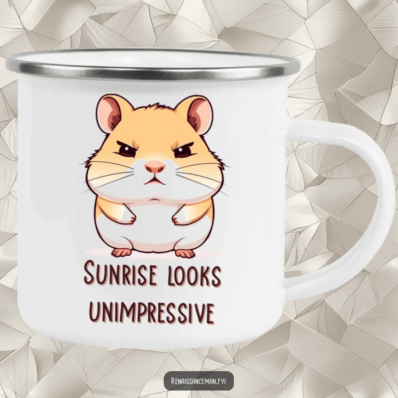 Funny camping mug with a proud hamster staring blankly with disdain, ideal for outdoor beverages with a grumpy vibe.