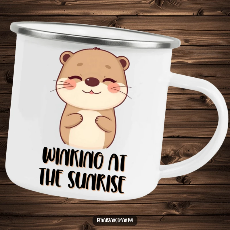 Funny camping mug with a beaming otter giving an insincere compliment and a wink, ideal for outdoor beverages with sass.