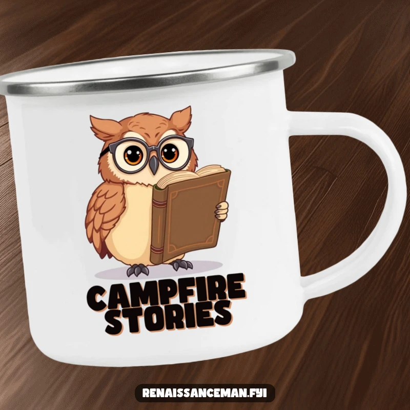 Funny owl camping mug, wearing glasses, reading a large book, durable and portable, ideal for campers who enjoy wisdom and nature.