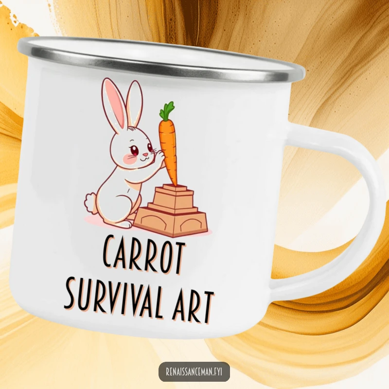 Funny camping mug featuring a clever rabbit sculpting a carrot statue, perfect for outdoor artistic inspiration.