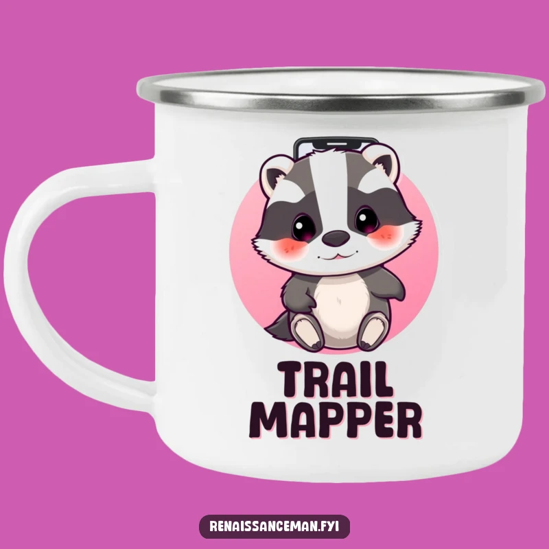 Funny Badger Techie Camping Mug: Beaming badger navigating apps, a perfect funny tech gift.