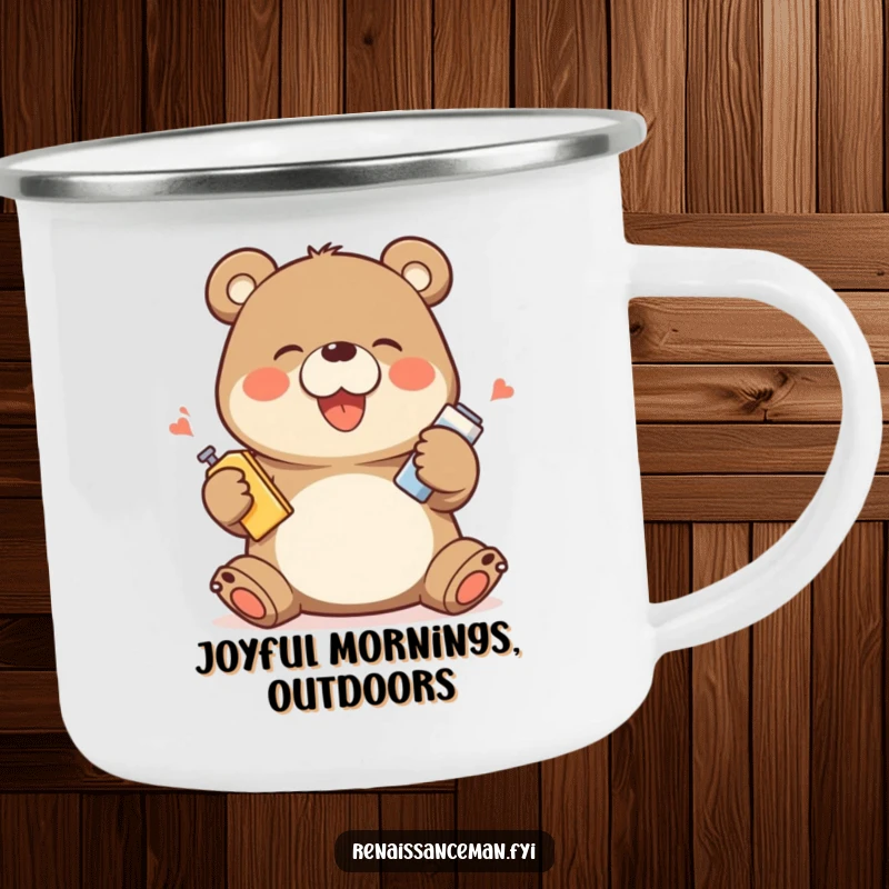 Funny camping mug showing a giggling bear character demonstrating a product with exaggerated happy movements, perfect for campfire chats.