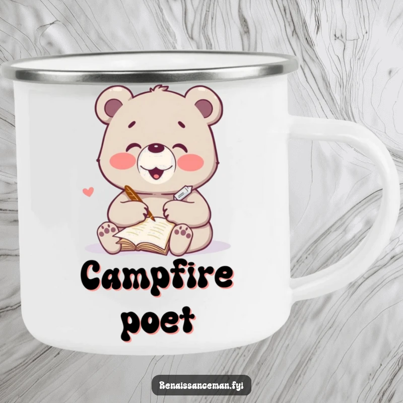 Funny camping mug with a delighted bear character writing a heartfelt poem with a quill. Durable and creatively charming.