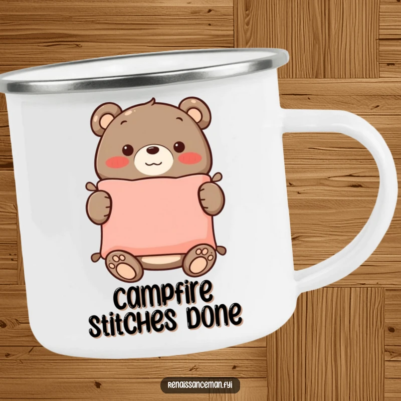Funny camping mug featuring a proud, smiling bear holding a perfectly sewn cushion, perfect for outdoor crafters.