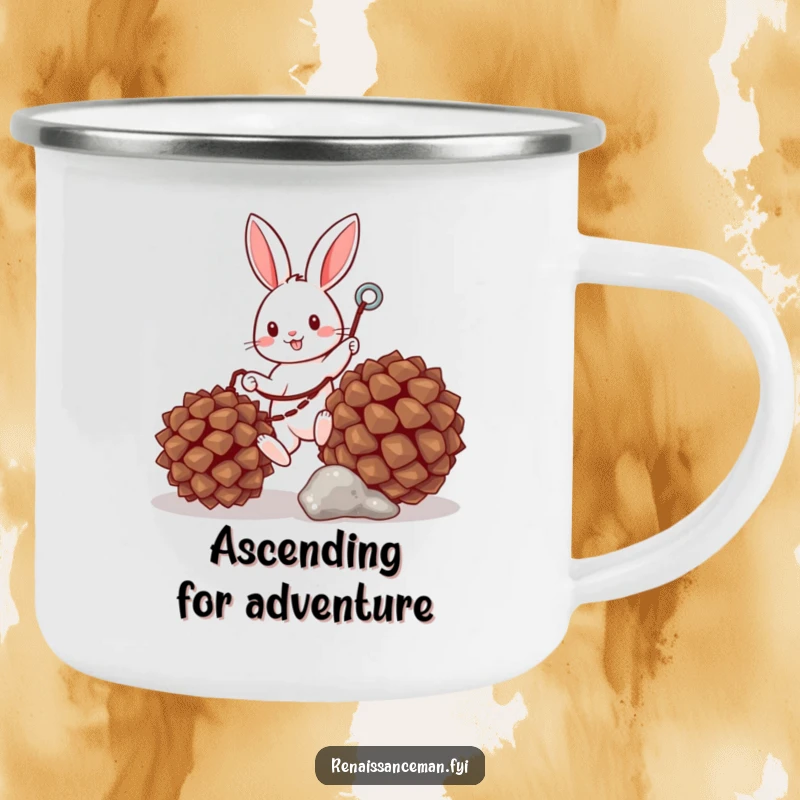 Funny camping mug showing a cheerful bunny with a grappling hook climbing a pinecone, perfect for outdoor adventures and jokes.